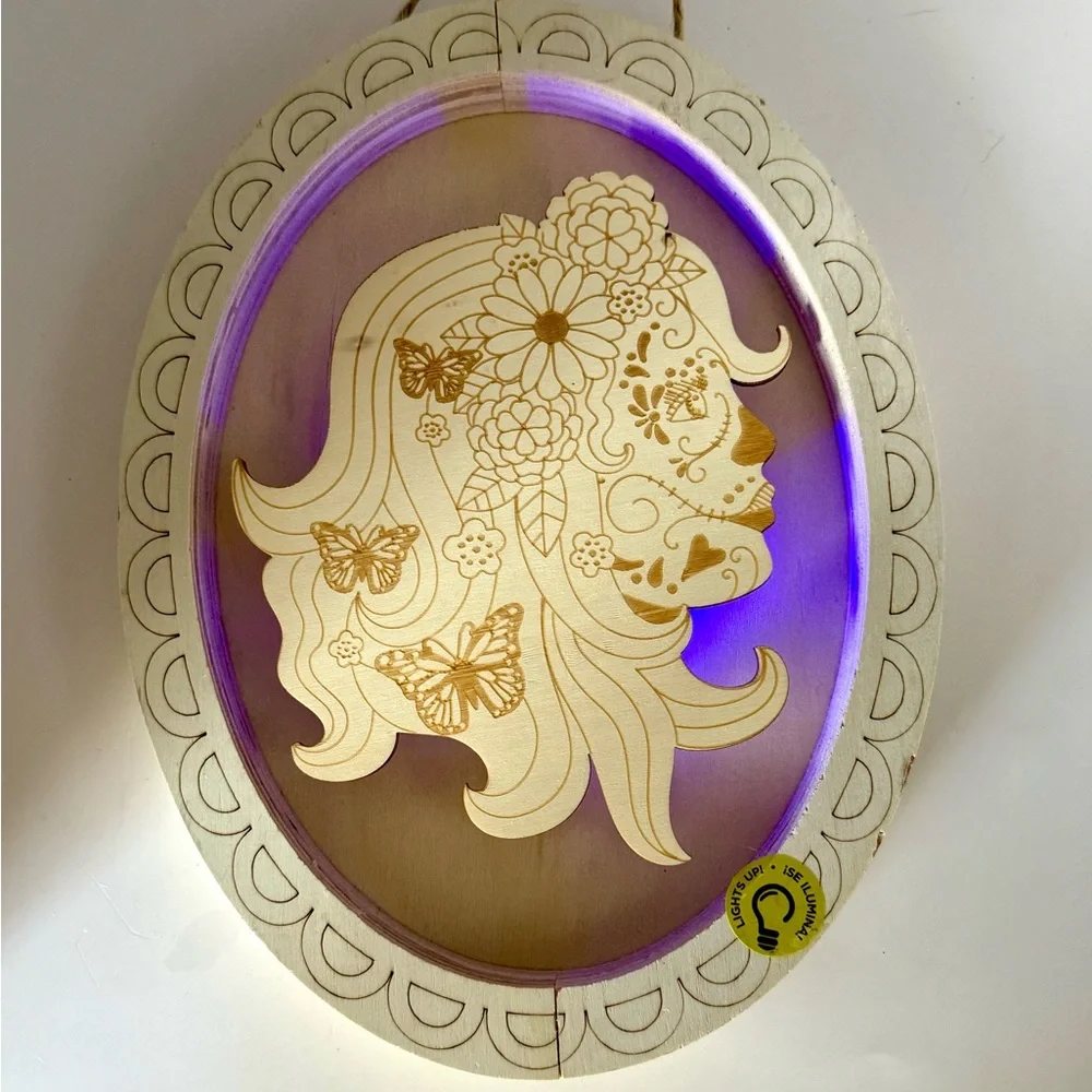 Sugar Skull LED Light Up Wooden Halloween Craft Wall Decor 10” x 7.5” x 0.9”